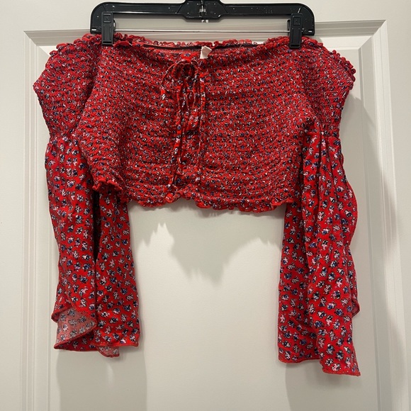 XHILARATION | Floral Red Off The Shoulder Smocked Top With Bell Sleeves - Picture 2 of 4